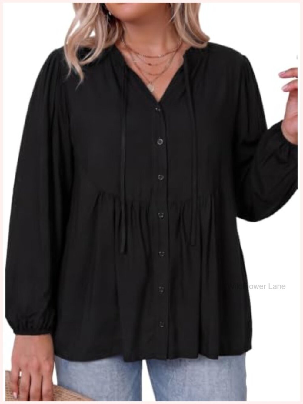 Plus Size Boho Button Down Long Sleeve V Neck Peplum Blouse